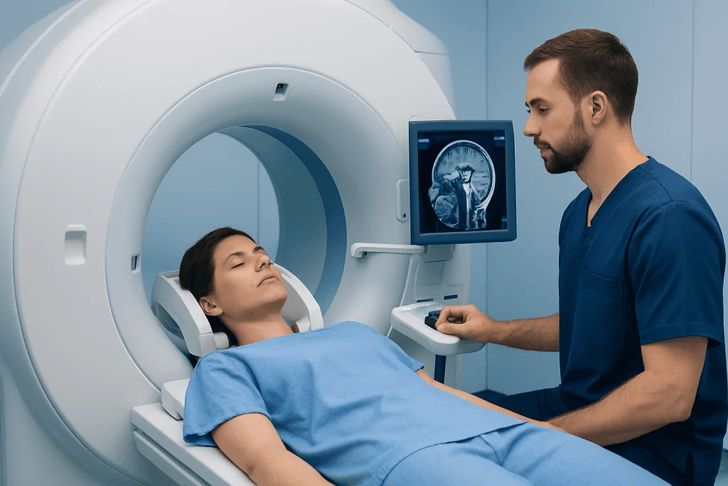 Patient undergoing MRI scan at Acibadem Hospital for brain examination.