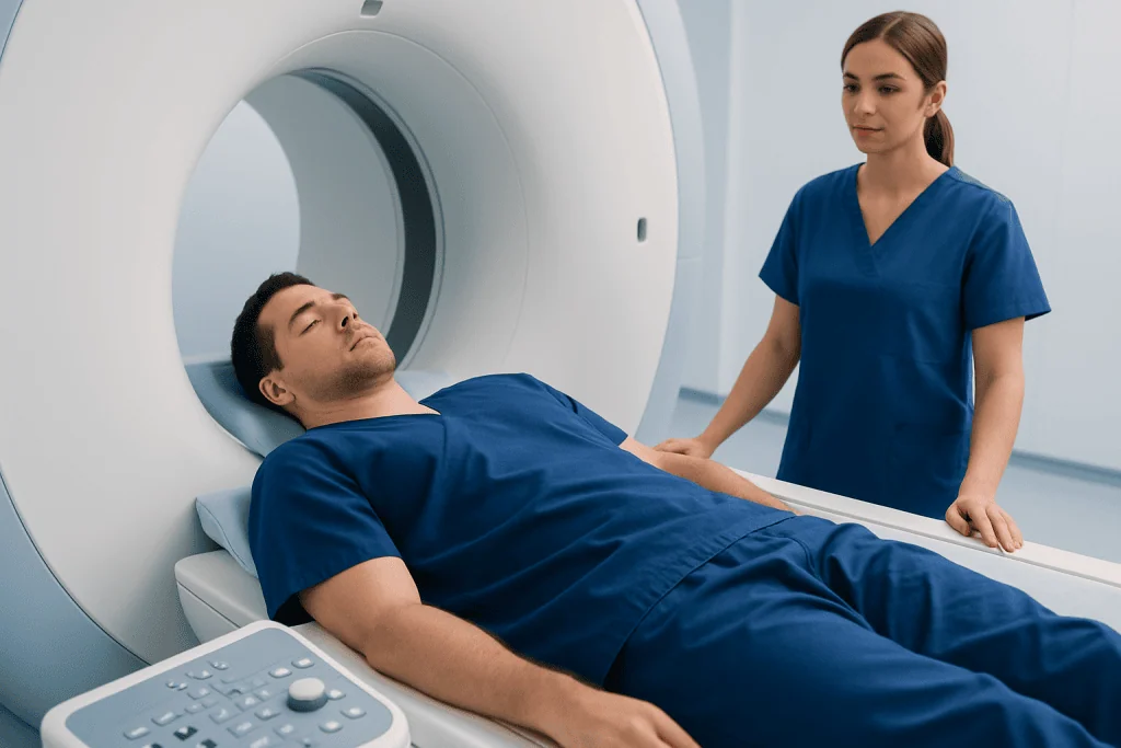 Patient undergoing MRI scan at Acibadem Hospital with medical staff assistance.