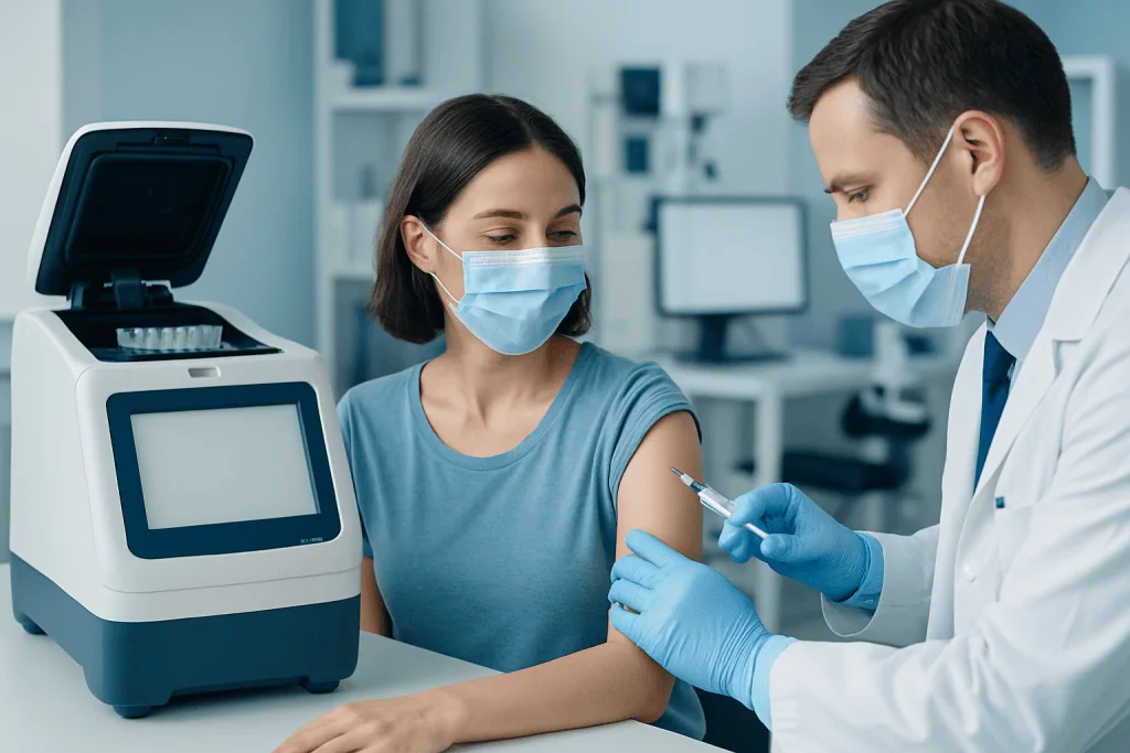Medical professional administering vaccine to a woman in a clinical setting.