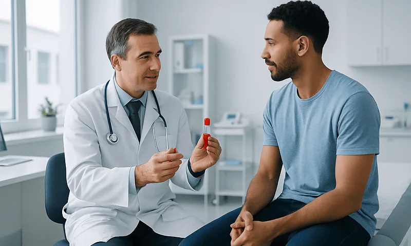 Doctor explaining blood test results to a patient in a medical clinic.