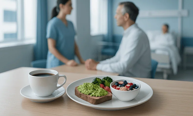 Patient and nurse having a discussion in hospital room with breakfast on table.