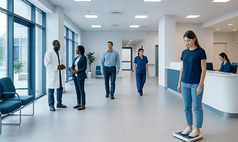 Patient weighing herself at a hospital reception area with medical staff nearby.