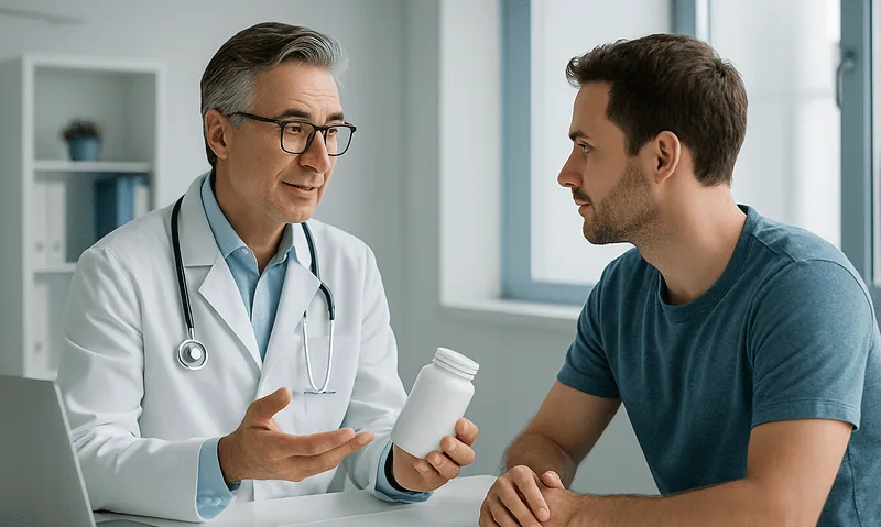 Doctor explaining supplement use to young man in clinic setting.
