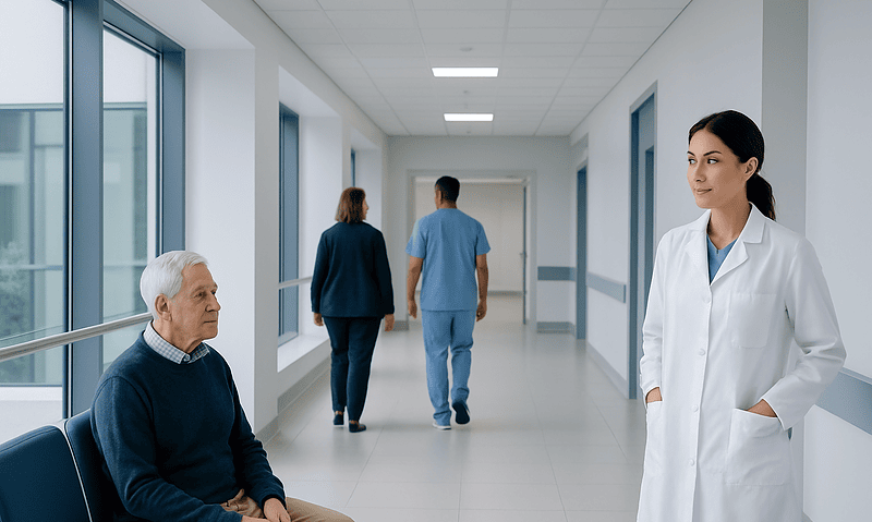 Doctor talking to elderly patient in hospital corridor.