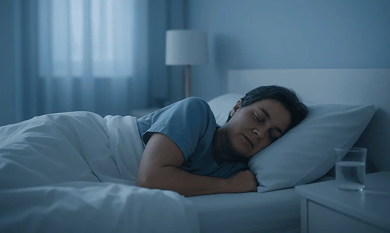 Young man sleeping peacefully in a modern bedroom with blue tones.