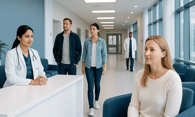 Patients and medical staff in a modern hospital corridor at Acibadem Hospitals Group.