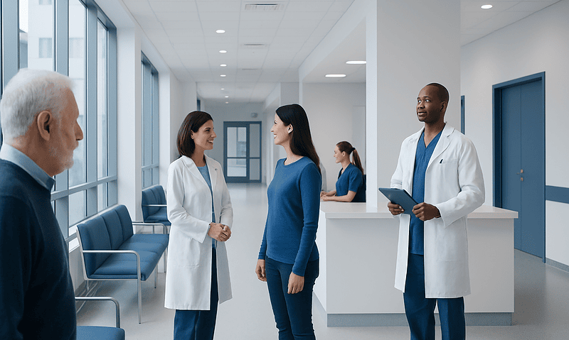Medical professionals and patient in a hospital corridor at Acibadem Hospitals Group.