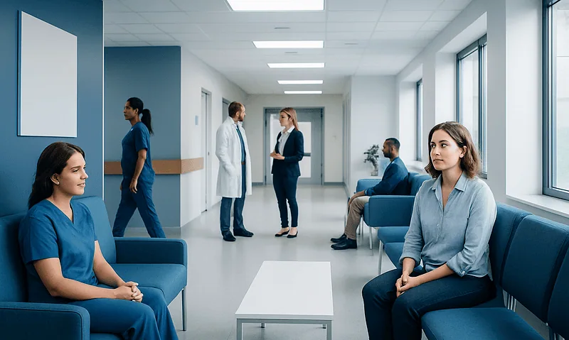 Hospital waiting area with patients and medical staff in a modern clinic.