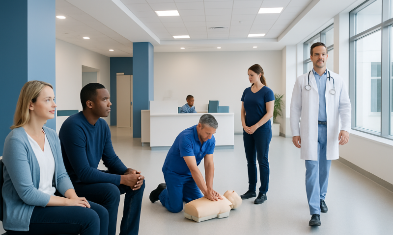 Medical training session with students and doctor in hospital corridor.