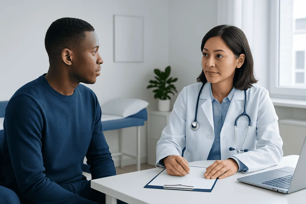 Doctor consulting with a patient in a modern medical office.