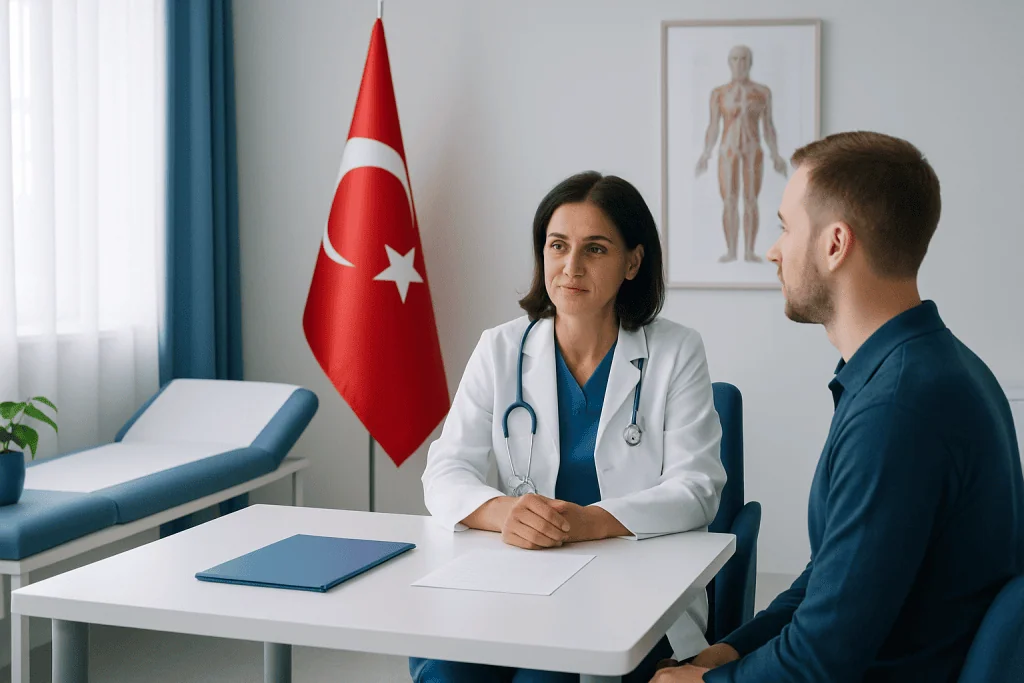 Doctor consulting patient in a medical office with Turkish flag in background.
