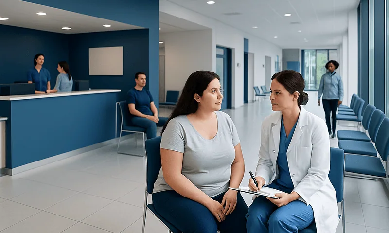 Medical consultation at Acibadem Hospital with a patient and doctor discussing treatment options.