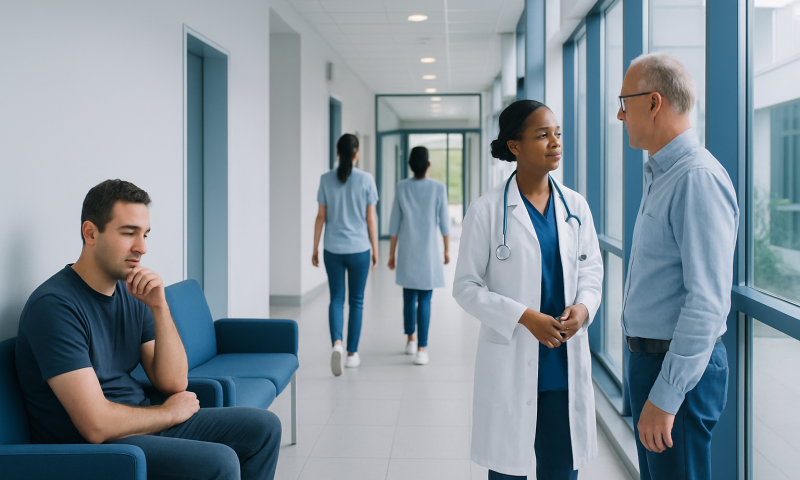 Doctor consulting with patient in hospital corridor at Acibadem Hospitals Group.