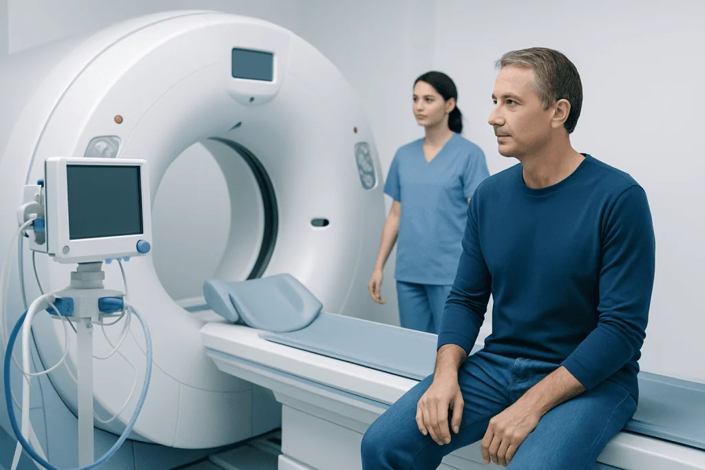 Patient waiting for a CT scan at Acibadem Hospital in Turkey.