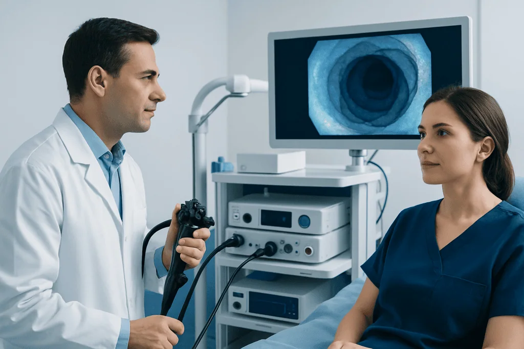 Doctor and nurse reviewing endoscopy images in a medical setting.