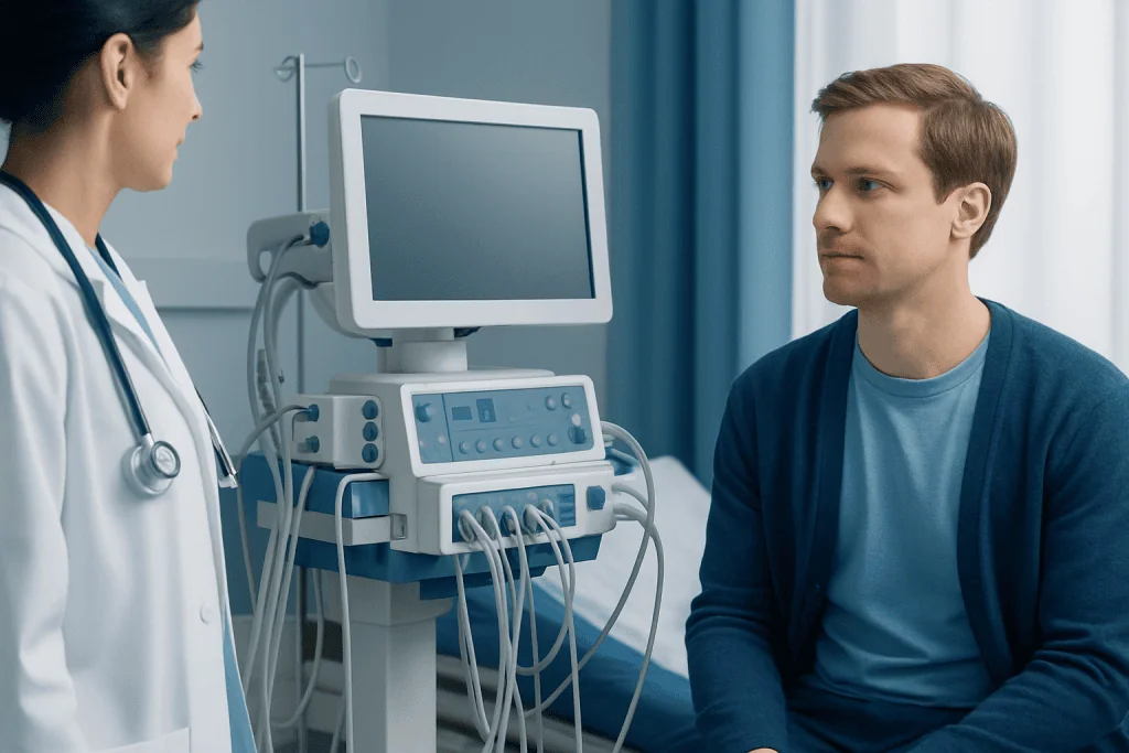 Doctor consulting with patient in a medical examination room at Acibadem Hospitals.