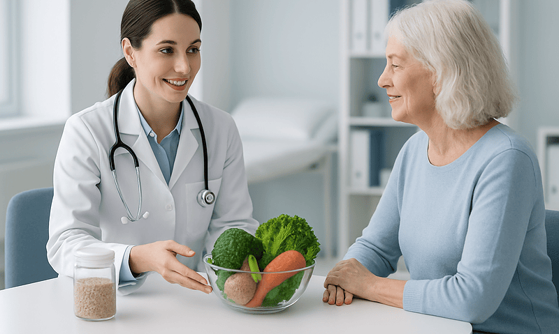 Doctor discussing fiber-rich vegetables with elderly patient in clinic.