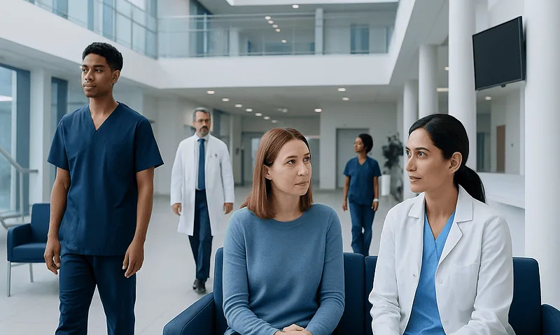 Medical consultation in a modern hospital lobby with healthcare professionals and patient.