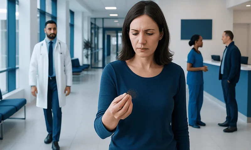 Woman worried about hair loss in a hospital corridor.