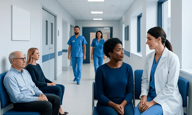 Healthcare professionals and patients in a hospital corridor.