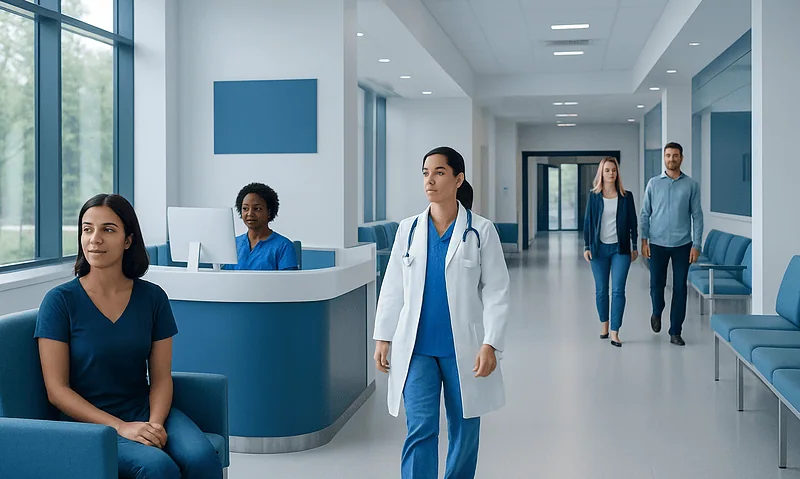 Modern hospital corridor with medical staff and patients at Acibadem Hospitals Group.