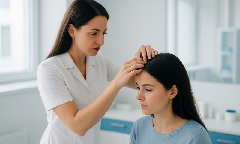 Medical professional examining woman's scalp for hair transplant assessment.