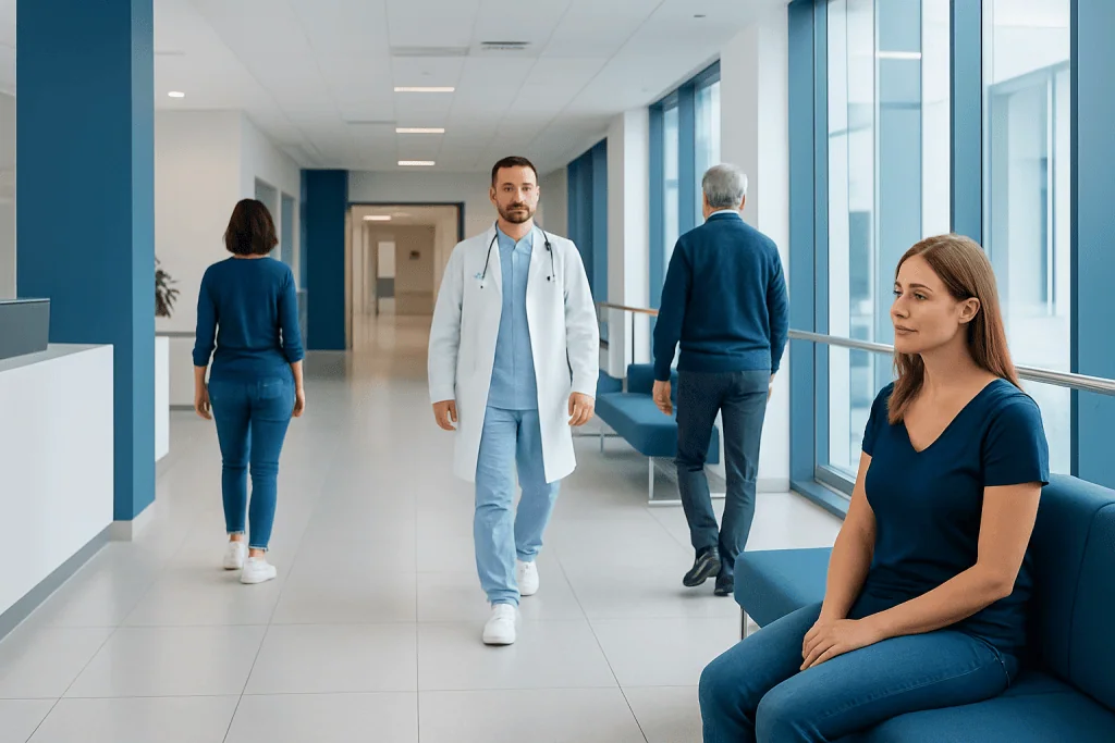 How Much is a Mommy Makeover? 1 Modern hospital corridor with patients and a doctor in a healthcare facility.