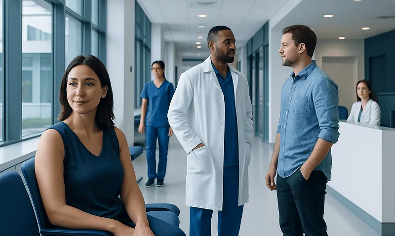 Patients and doctor in hospital corridor at Acibadem Hospitals Group.