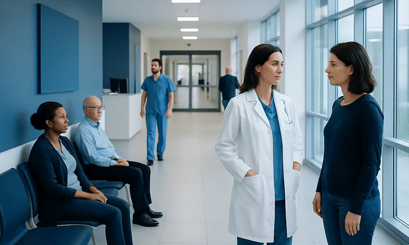 Medical professionals and patients in a hospital corridor.