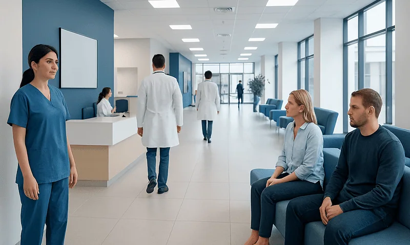 Modern hospital corridor with patients and medical staff in a healthcare facility.