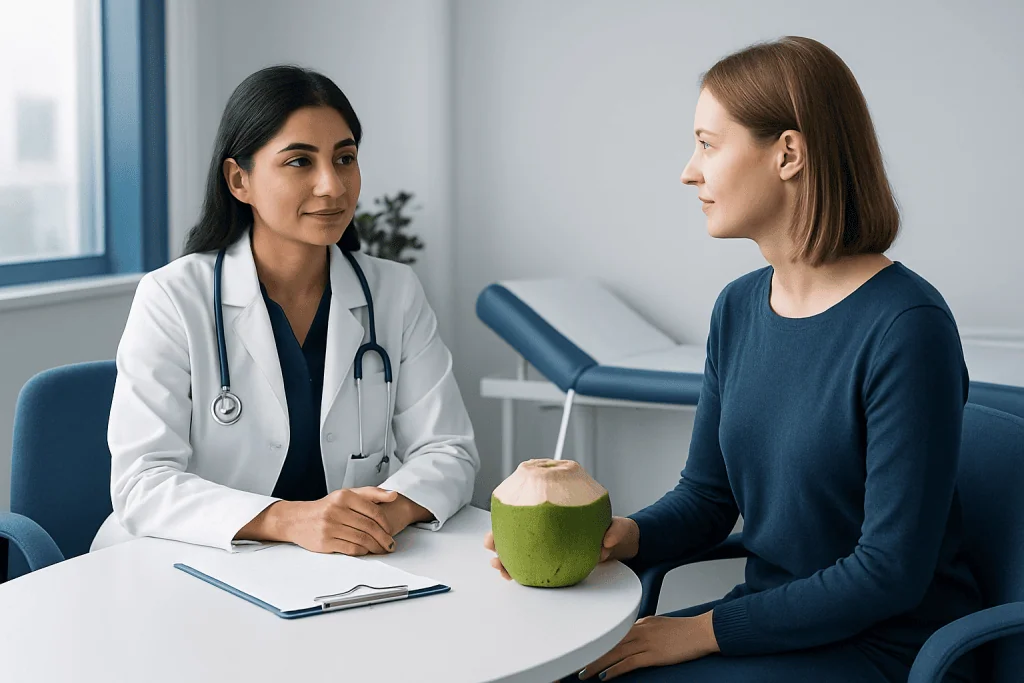Doctor consulting with patient about health, holding coconut water for hydration.