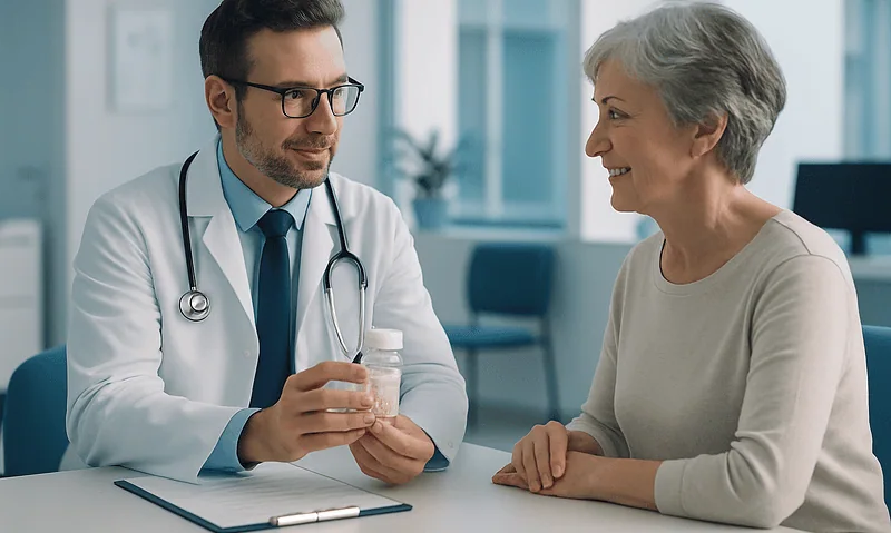 Doctor consulting with an elderly woman in a medical office setting.