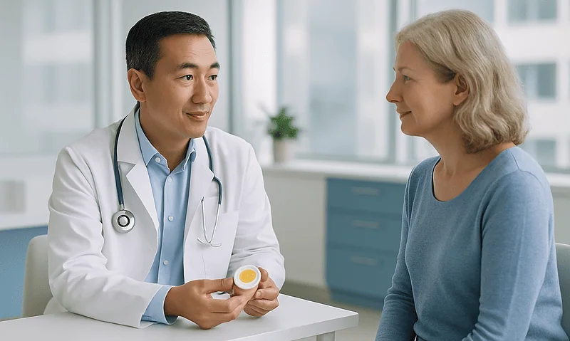 Doctor explaining health information to a female patient in a clinic setting.
