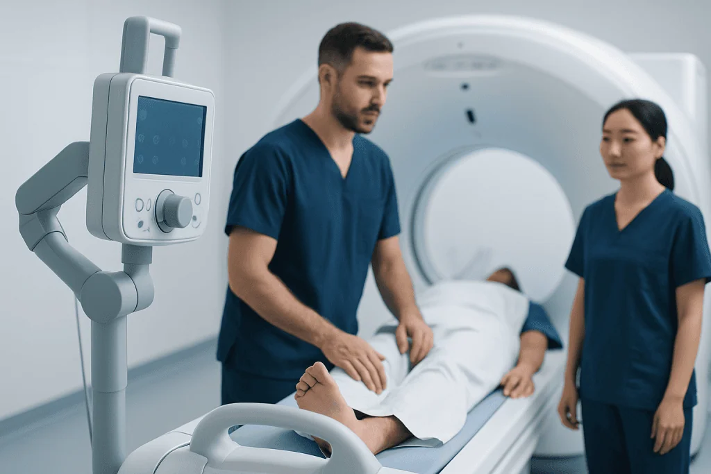 Medical professionals preparing for an MRI scan in a hospital setting.