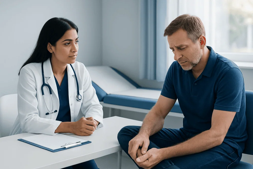 Doctor consulting with male patient in a medical office setting.