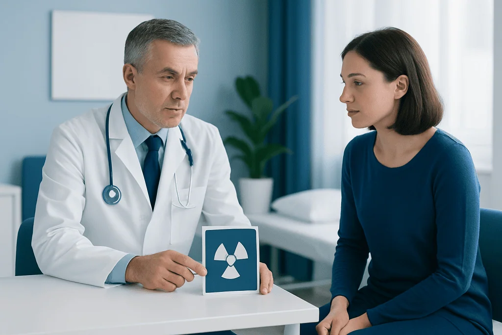 Doctor explaining radiation risks to a patient in a medical consultation room.