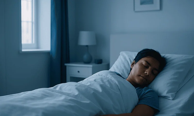 Young man sleeping peacefully in a modern bedroom with blue tones.