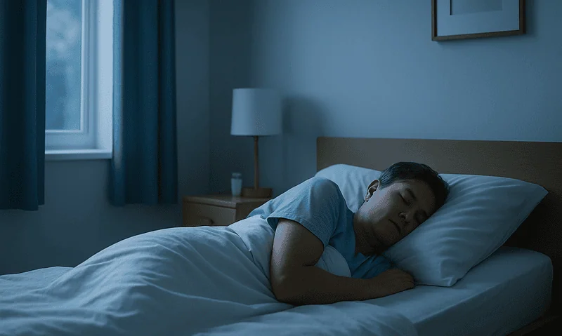 Young man sleeping peacefully in a modern bedroom at night.