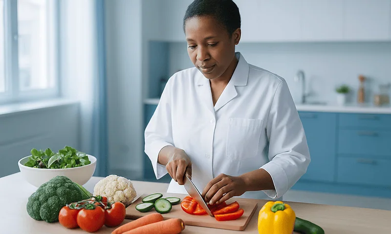 Woman preparing fresh vegetables in a modern kitchen for healthy eating.