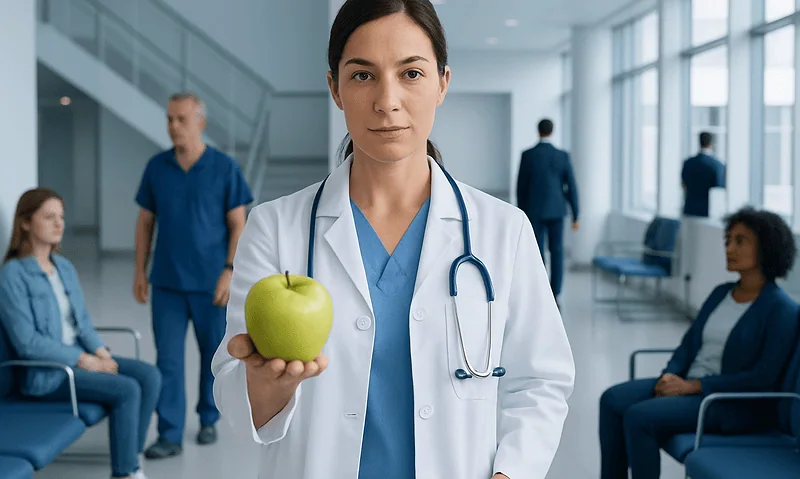 Doctor holding green apple in hospital setting for healthy eating.
