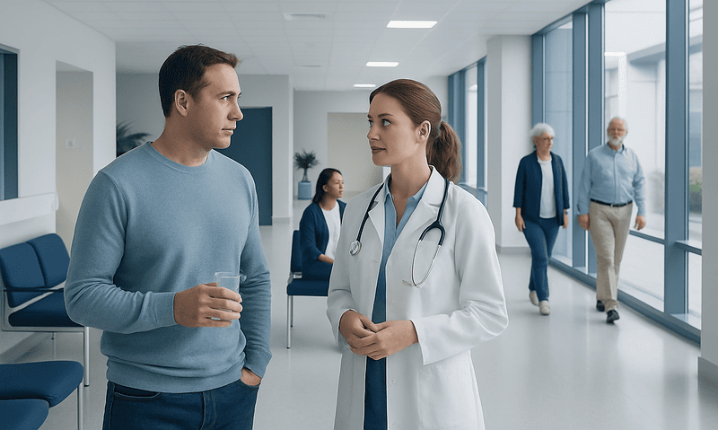 How Much Viagra Should I Take the First Time? Causes, Explanations, and Next Steps 6 Doctor talking to a patient in a hospital corridor with other visitors in the background.