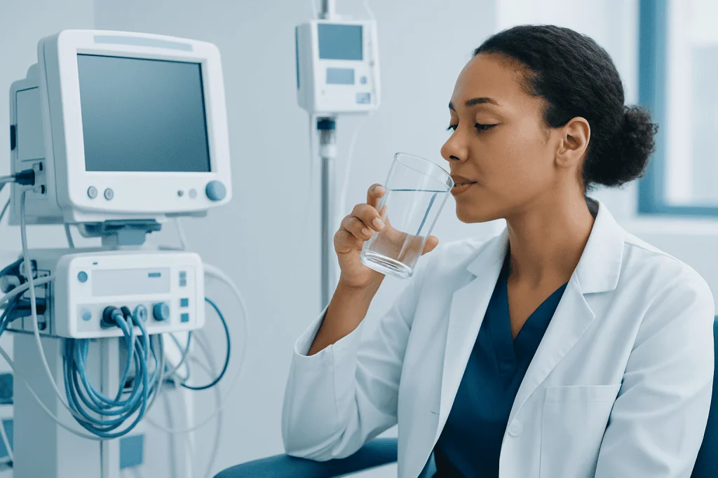 Female healthcare professional drinking water in hospital setting.