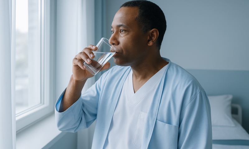 Man drinking water in a hospital room for hydration health.