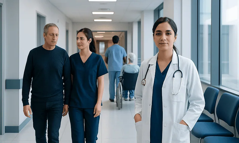 Healthcare professionals and patients in a hospital corridor.