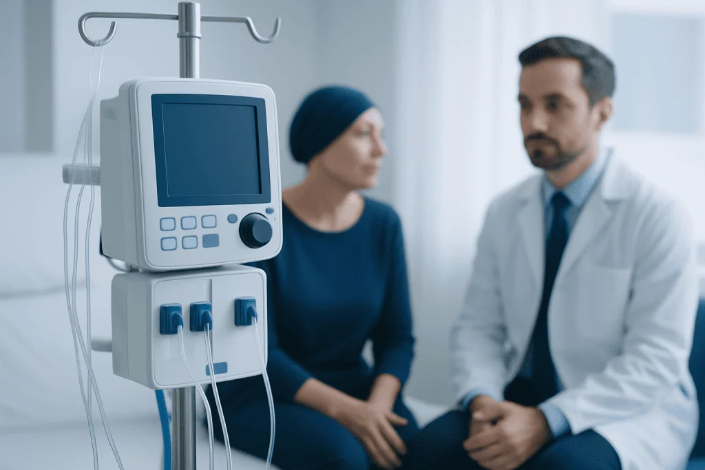 Doctor and patient in consultation with medical equipment in the background.