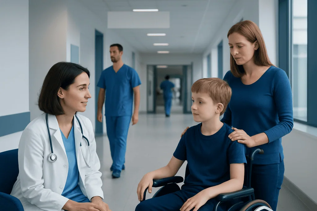 Muscular Dystrophy in Children Treatment: How It Works, Results and What to Expect 1 Child in wheelchair with mother consulting doctor in hospital corridor.