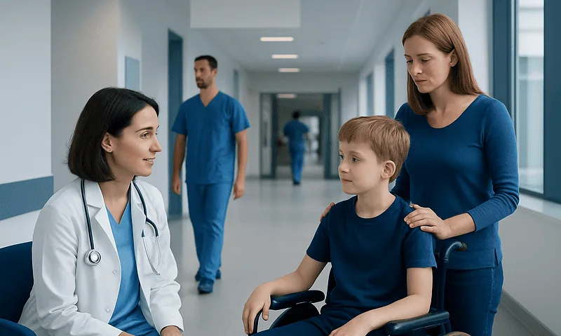Child in wheelchair with mother consulting doctor in hospital corridor.