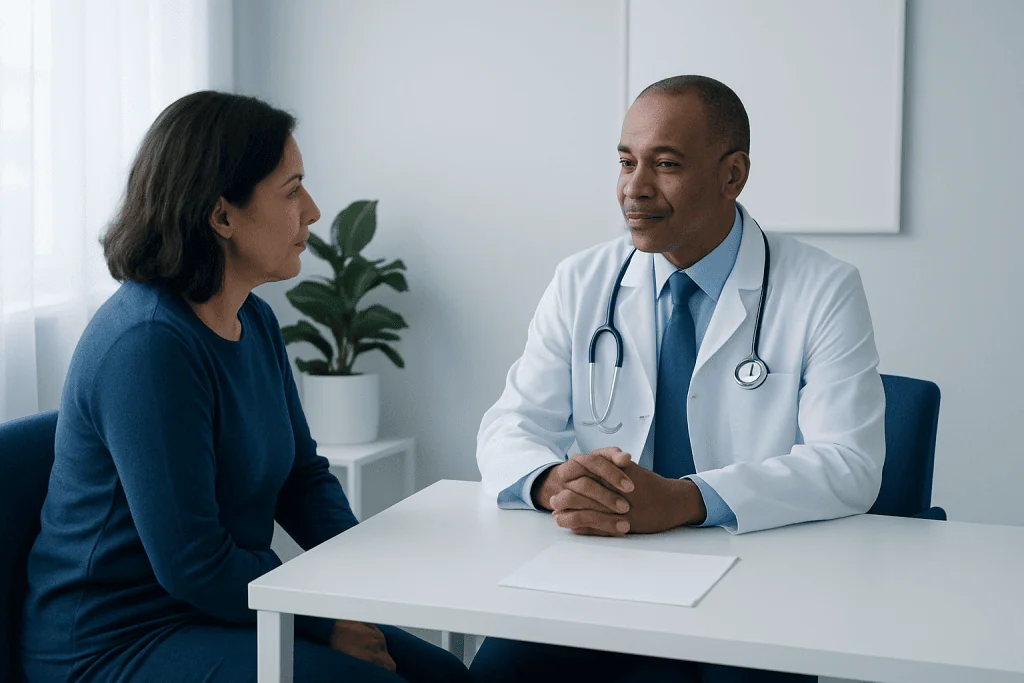 Doctor consulting with a female patient in a modern medical office.