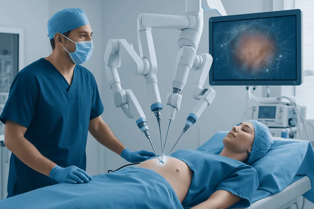 Surgeon performing nanotechnology surgery with robotic arms on patient.