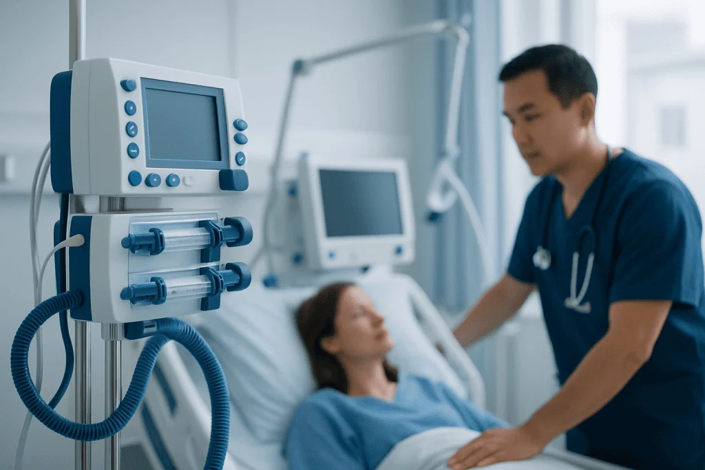 Medical professional attending to a patient in a hospital room with monitoring equipment.